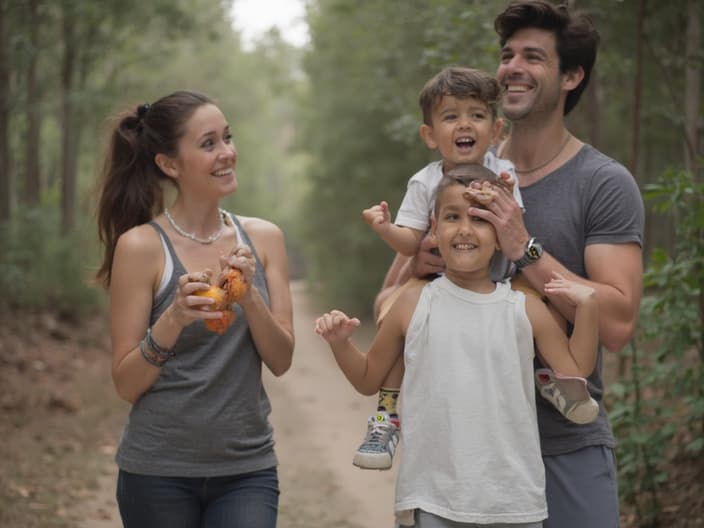 Family doing fun fitness activities together, trainer encouraging