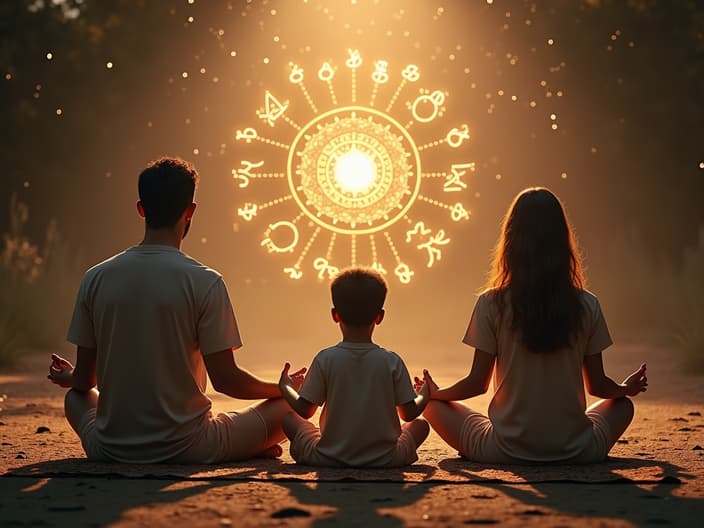 Family meditating with intertwined astrological symbols, soft studio lighting, harmony theme