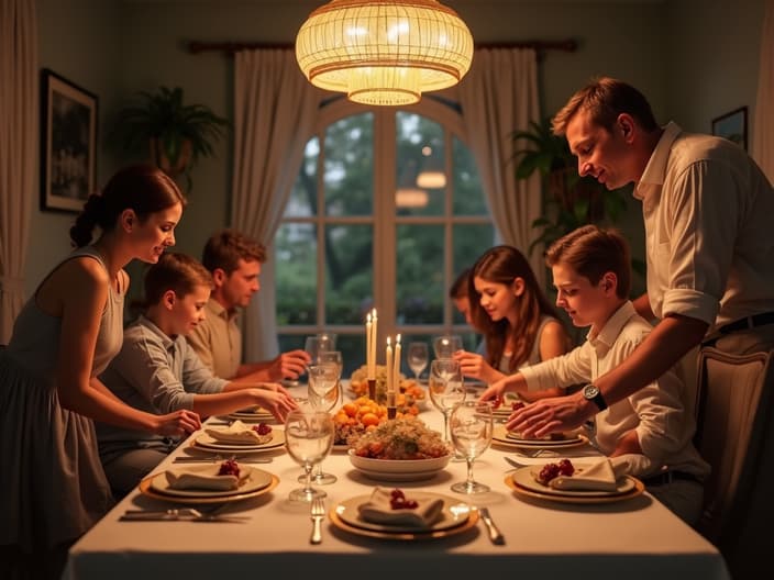 Family members setting up a dinner table and decorations