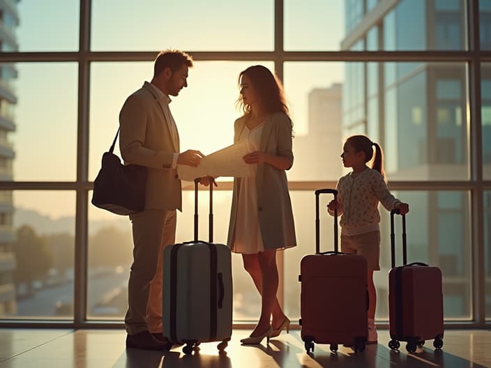 Family packing suitcases and checking a map