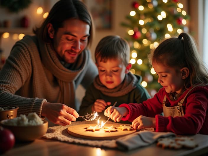 Family participating in holiday activities like baking cookies or decorating the tree