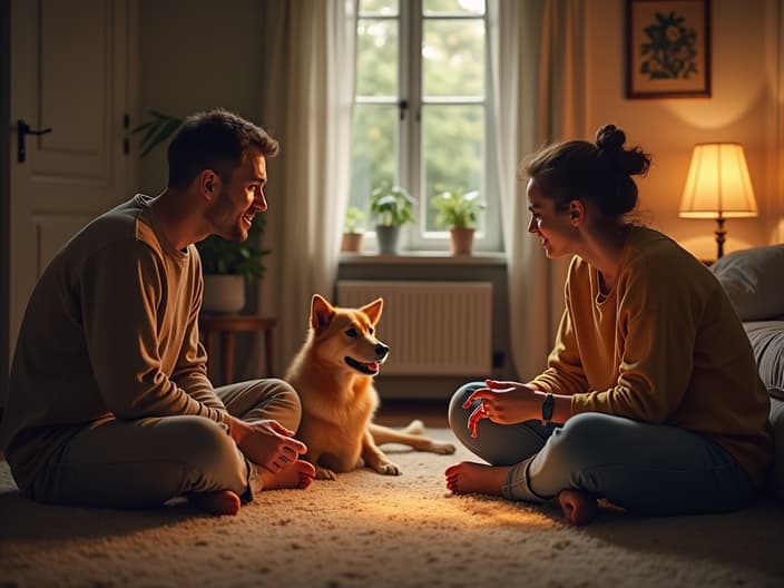 Family playing charades together, with a dog watching