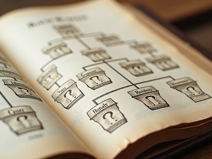 Family tree diagram with question marks on inheritance lines, legal code book open