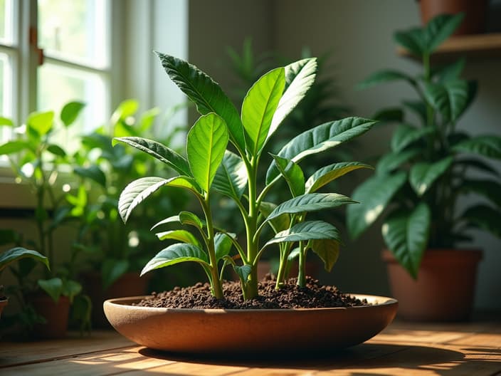 Fertilizing zamioculcas plants, organic and chemical options, indoor setting with studio lighting