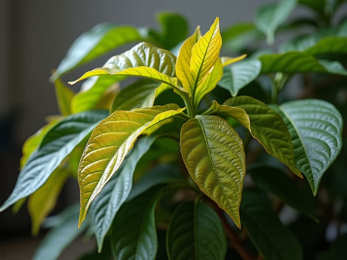 Ficus plant with yellowing leaves, common problems and solutions, indoor setting with studio lighting