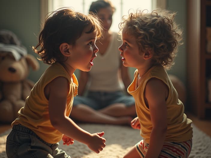 Fighting siblings, with a frustrated parent in the background