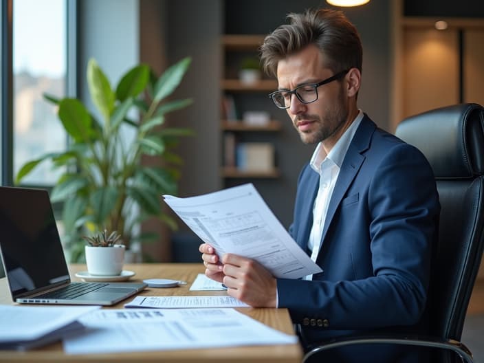 Financial expert reviewing cash flow statement, modern office, studio quality photograph