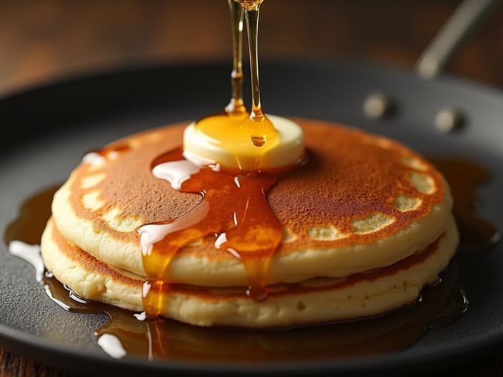 Fluffy pancakes being flipped, syrup drizzling