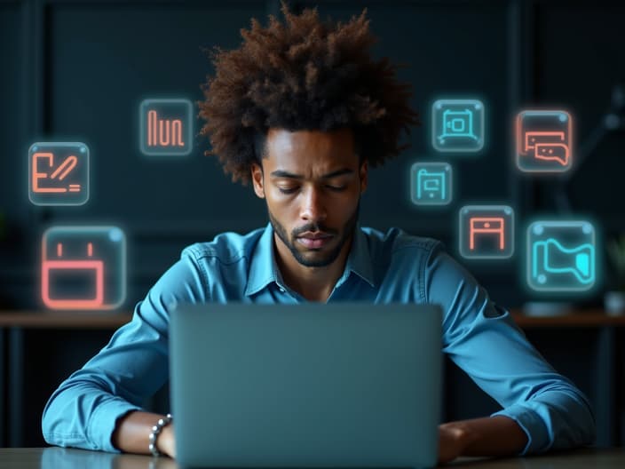 Focused studio portrait of a person working intently, surrounded by floating task icons