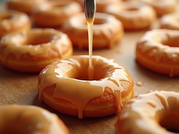 Fresh, golden donuts being glazed, bakery-style presentation