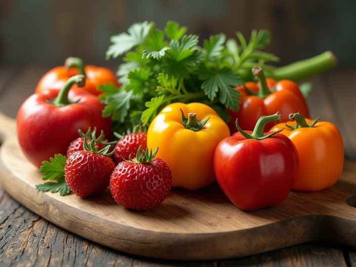 Fresh fruits and vegetables on a cutting board