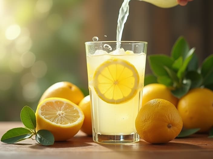 Fresh lemonade being poured, citrus fruits nearby