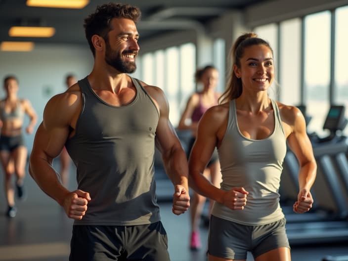 Friends exercising together, trainer encouraging social exercise