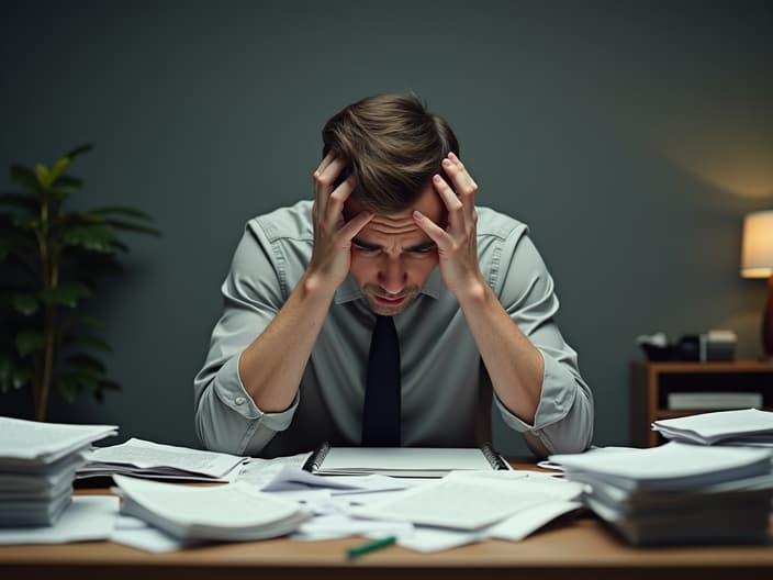 Frustrated person at a desk, surrounded by messy paperwork