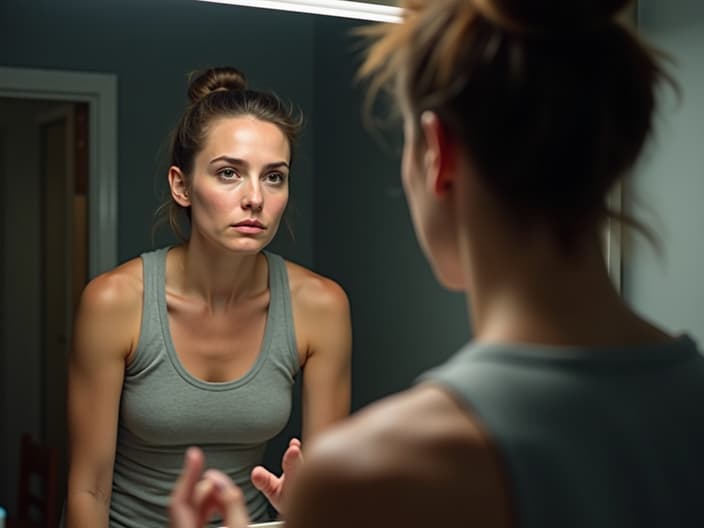 Frustrated person looking at mirror, trainer offering encouragement