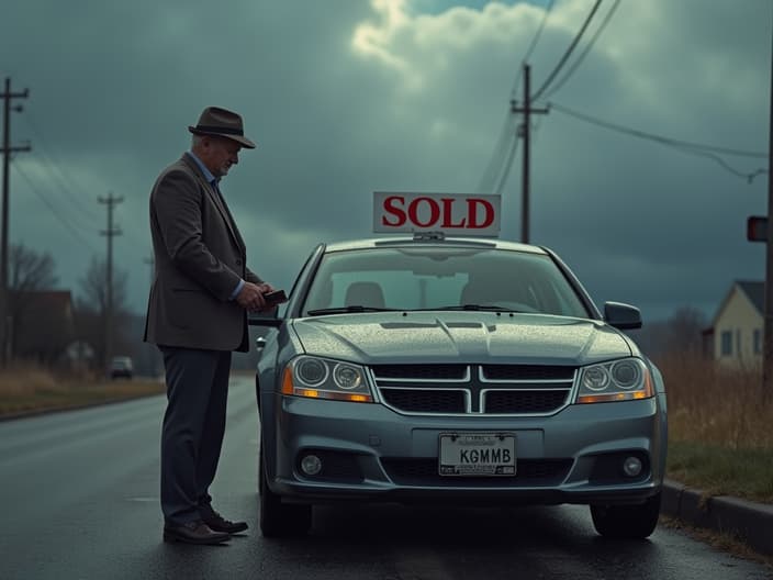 Frustrated seller standing next to a car with a 'SOLD' sign, empty wallet in hand, stormy sky in background