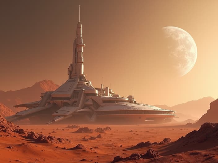 Futuristic space colony on Mars with Earth visible in the sky