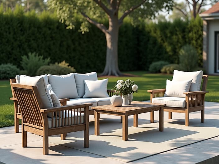 Garden furniture selection guide, materials and styles, outdoor setting with studio lighting