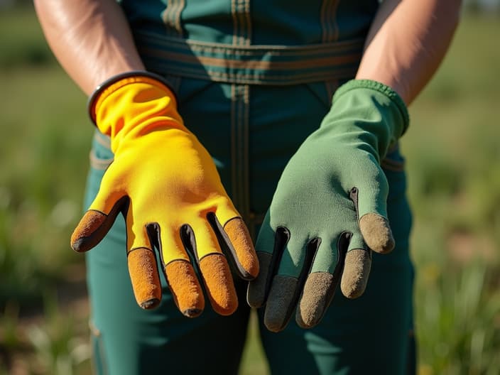 Garden gloves durability comparison, materials and features, outdoor setting with studio lighting