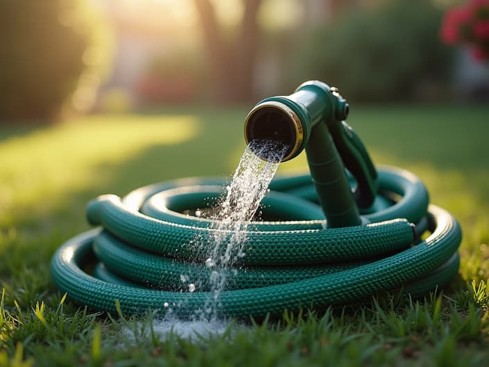 Garden hose selection guide, features and benefits, outdoor setting with studio lighting