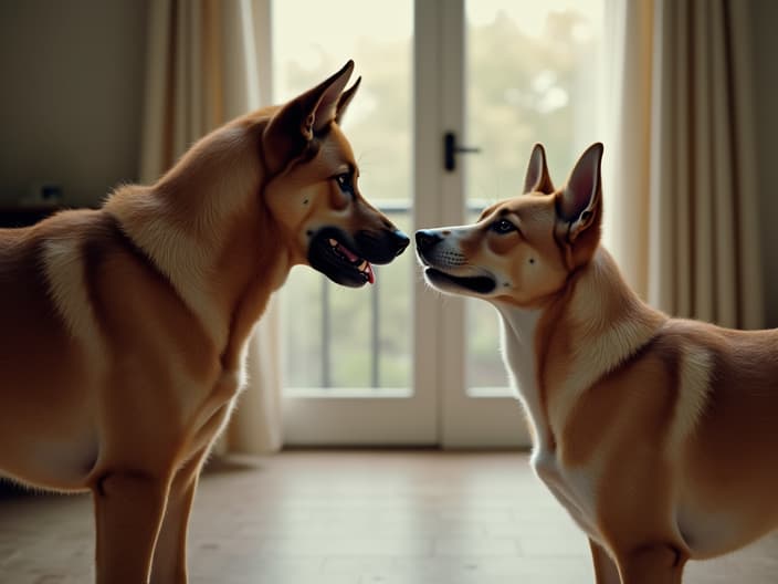 Gentle scene of two dogs meeting under supervision, focus on body language