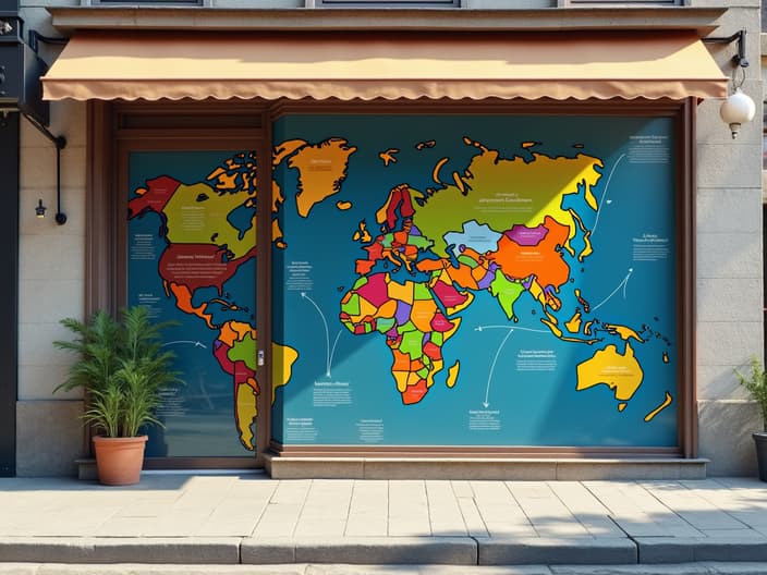 Global trend infographic next to local business storefront, arrows connecting ideas