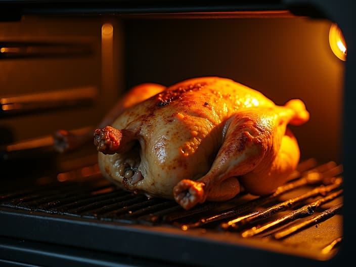 Golden roasted chicken in oven, timer visible, warm lighting