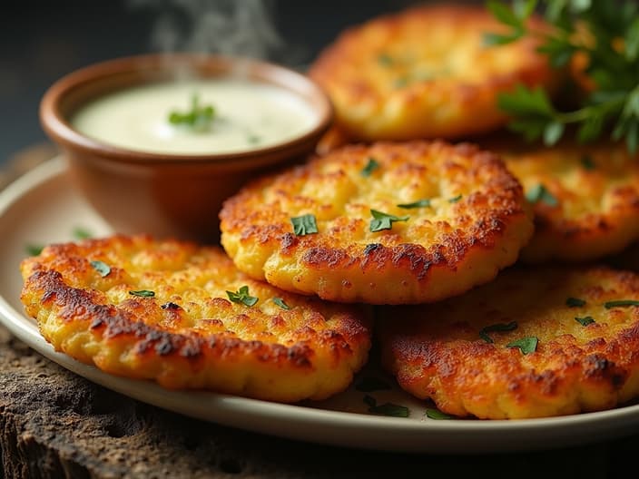 Golden zucchini fritters being fried, crispy texture visible