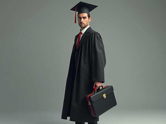 Graduating student with a briefcase, studio setup