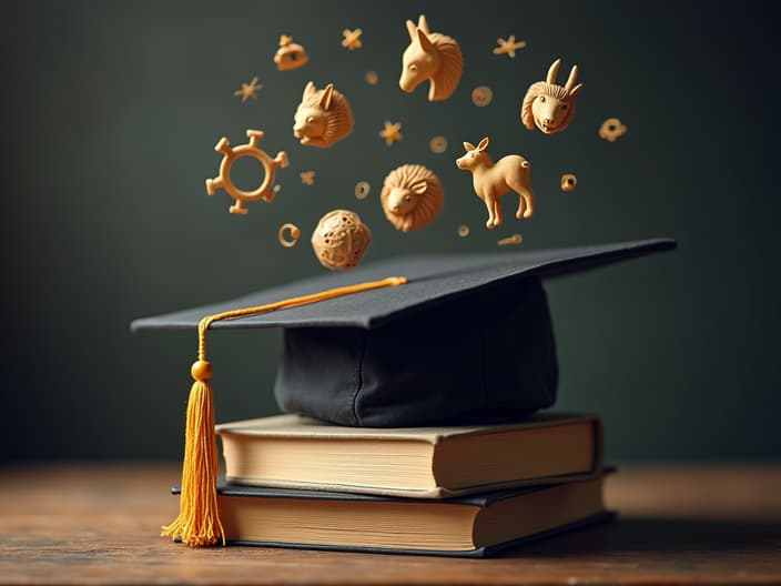 Graduation cap with floating books and zodiac symbols, soft focus studio shot, education theme