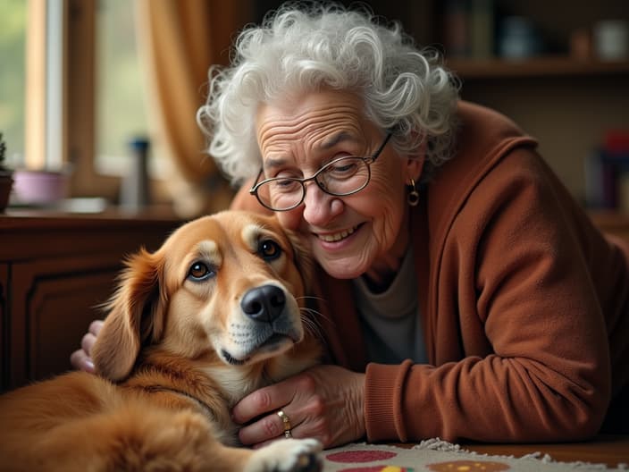 Grandma happily interacting with a dog, with a warm atmosphere