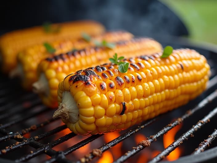 Grilled corn on the cob, summer barbecue setting