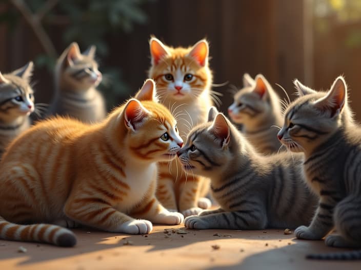 Group of cats playing or interacting, social behavior