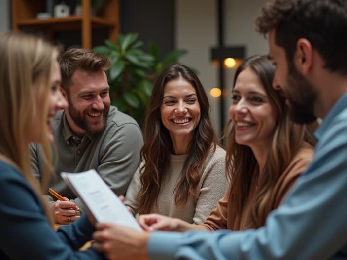 Group of friends laughing and planning, casual studio environment