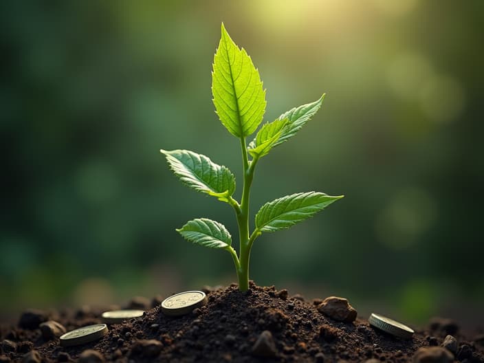 Growing plant with coins as leaves, time-lapse studio photography