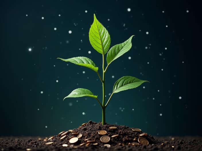 Growing plant with coins as leaves against a starry sky, nature-inspired studio setup