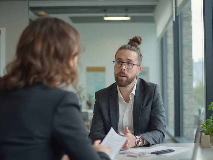 HR professional discussing role change with employee, modern office setting