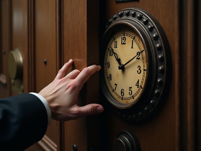 Hand reaching for courthouse door, clock hands moving past deadline hour