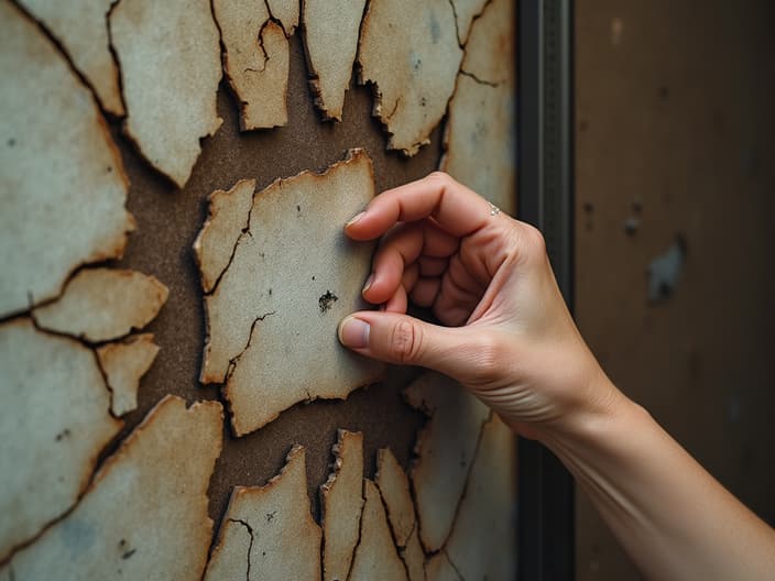 Hand reaching for torn will document, family photo in cracked frame nearby