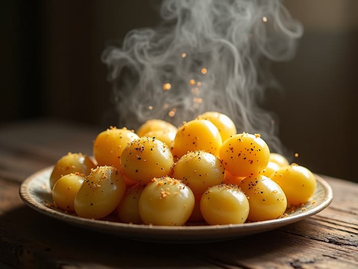 Hand seasoning boiled potatoes, steam rising, natural light