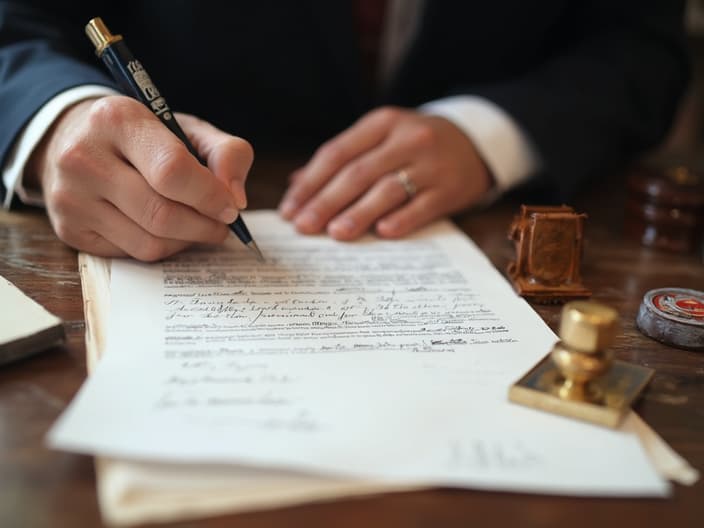 Hand writing formal letter, official stamps and seals visible on desk