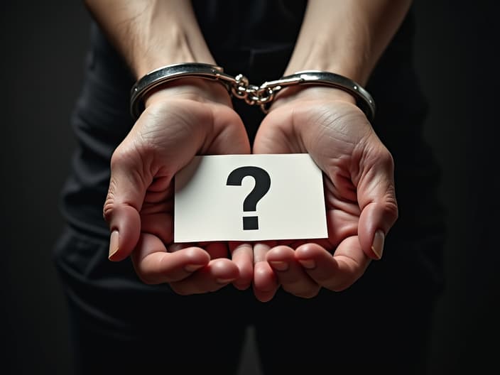 Handcuffed hands holding card with Miranda rights, question mark overlay