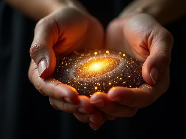 Hands cupping a miniature galaxy with gold dust, warm studio lighting, abundance theme