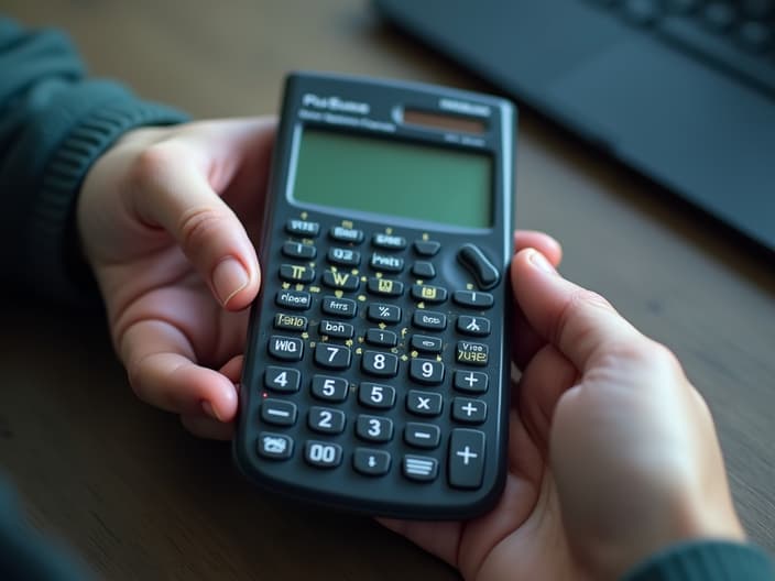 Hands holding a scientific calculator with complex buttons and display