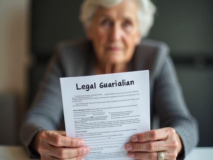 Hands holding legal guardian documents, blurred elderly woman in background