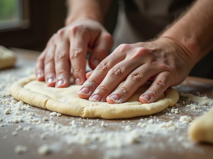 Hands working pastry dough, flour-dusted surface