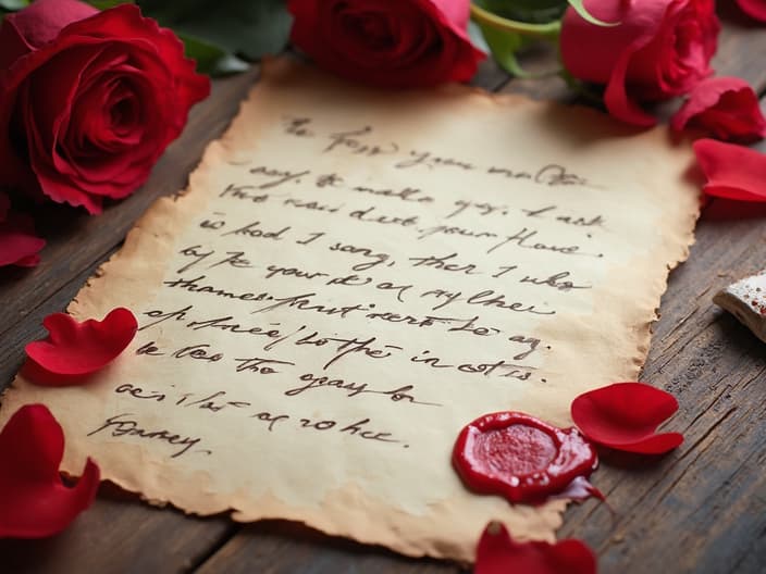 Handwritten love letter with a red wax seal, rose petals nearby