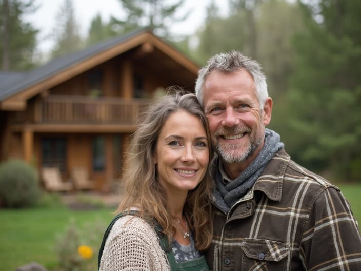 Happy couple in front of a cozy home, surrounded by nature