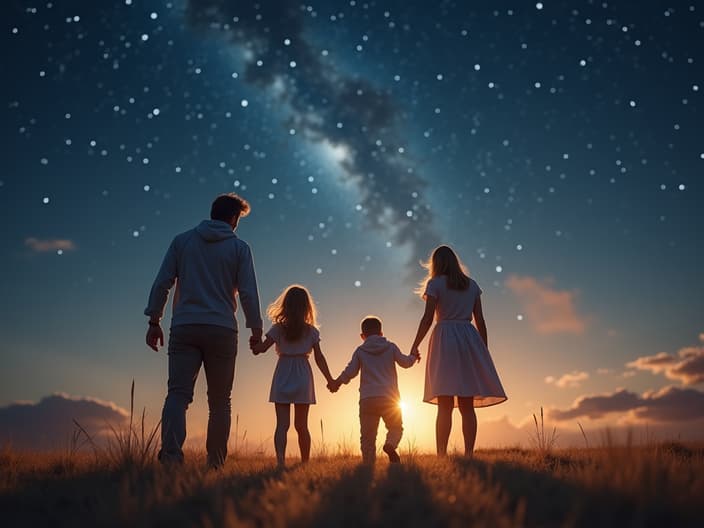 Happy family playing in a starry landscape, soft focus studio shot, joyful atmosphere