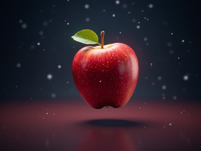 Healthy apple floating in a starry sky, soft focus studio lighting, nature-inspired